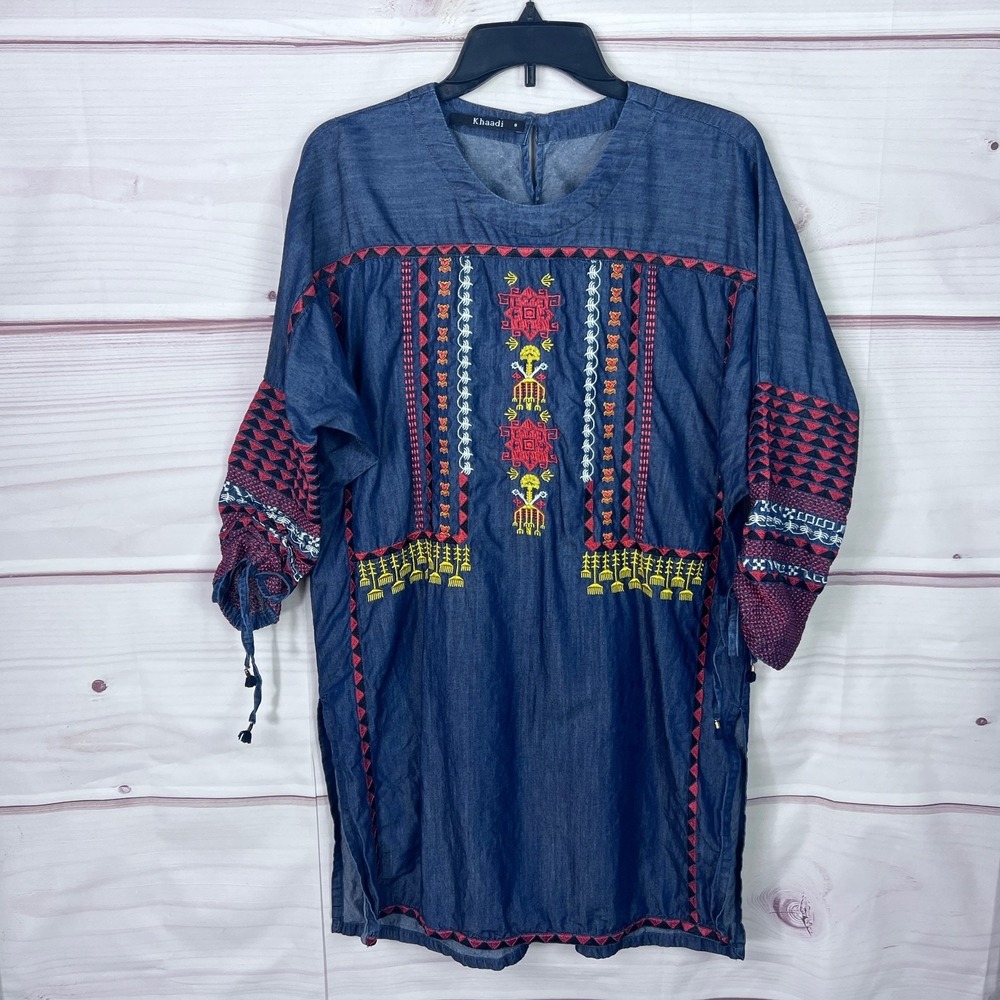 Khaadi Top Women 8 Blue Chambray Tunic Embroidered Side Slit Tie Sleeve Pullover